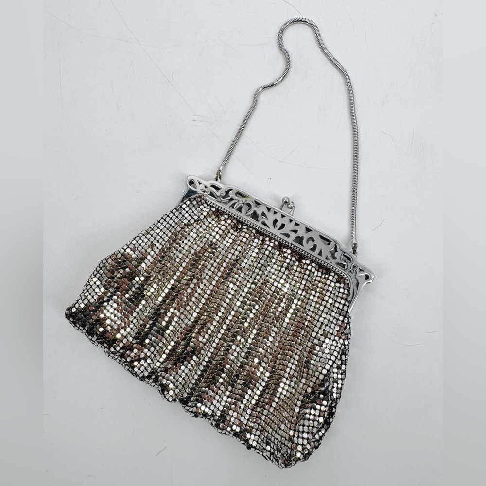 Vintage Whiting & Davis Silver Mesh Evening Bag Art Deco Frame Mirror - Picture 3 of 11